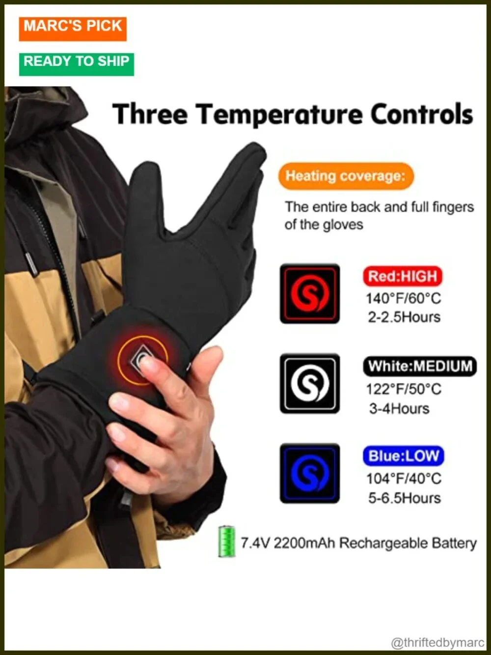 Rechargeable Heated Gloves with Touchscreen Fingers, Windproof Ski Snow Glove